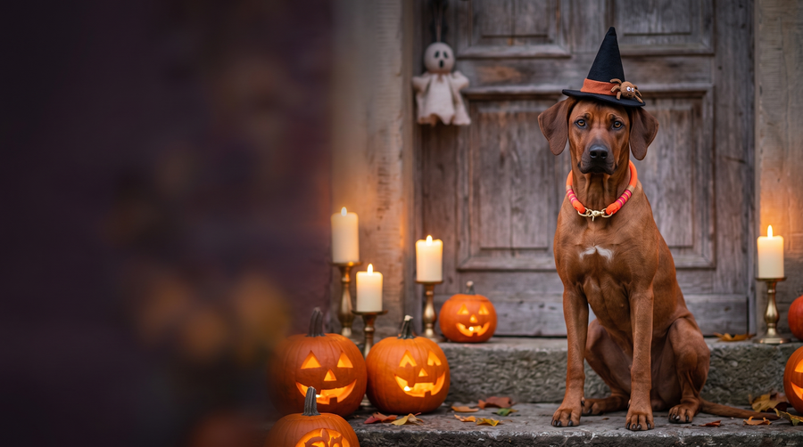 Rhodesian Ridgeback Nala mit Hexenhut und Tauhalsband in Orange – Halloween bei Exceptional