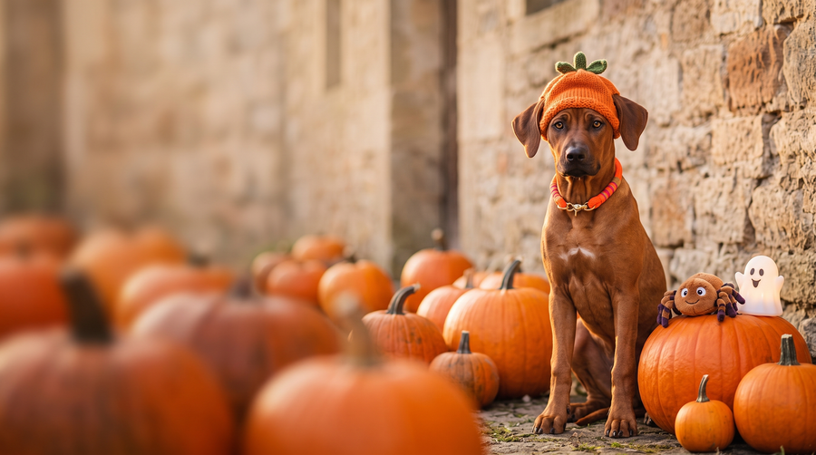 Rhodesian Ridgeback Nala mit Kürbismütze und Tauhalsband in Orange zwischen Kürbissen – Halloween bei Exceptional
