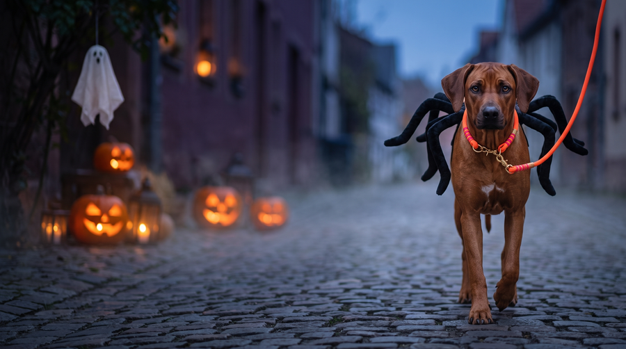 Rhodesian Ridgeback Nala im Spinnenkostüm mit Tauhalsband und Tauleine in Orange – Halloween bei Exceptional