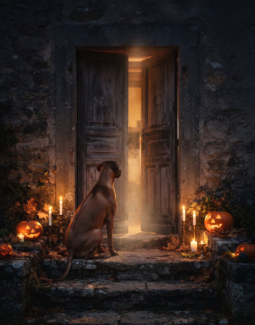 Ein Hund sitzt nachts vor einer alten Holztür, aus der warmes Licht fällt, daneben Kürbisse und Kerzen