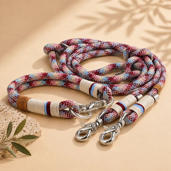 Set Tauhalsband und Tauleine Cala Notte in Beerenrot und Sand handgefertigt Exceptional Manufaktur