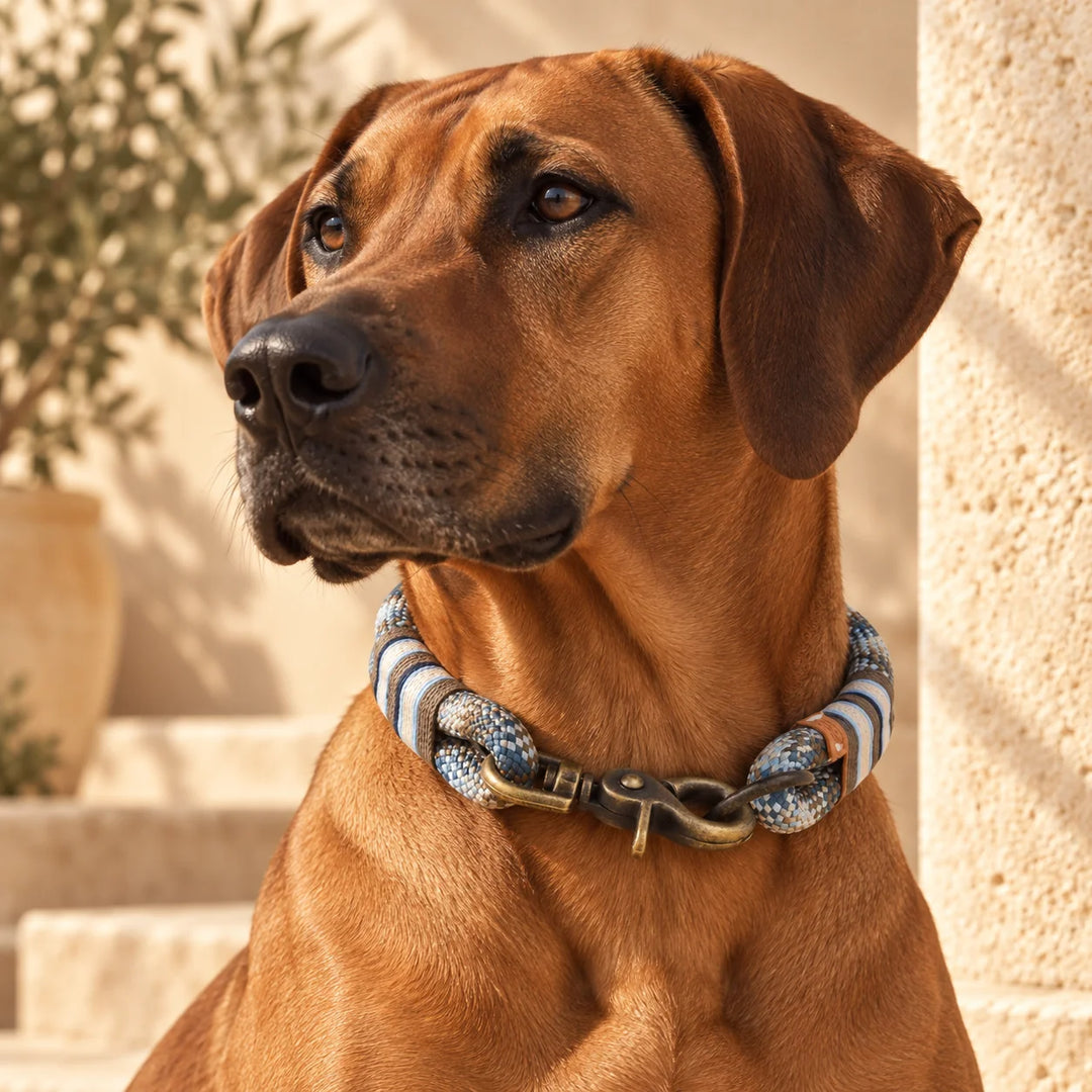 Rhodesian Ridgeback mit Tauhalsband 'Porto Antico' in Blau und Taupe mit Messing antik – Portrait, Exceptional