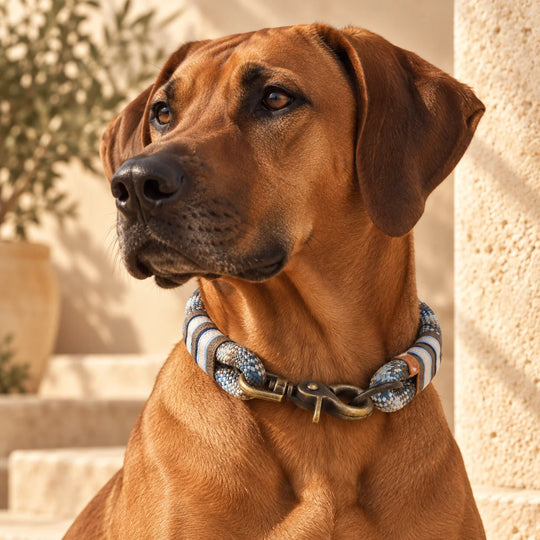 Rhodesian Ridgeback mit Tauhalsband 'Porto Antico' in Blau und Taupe mit Messing antik – Portrait, Exceptional