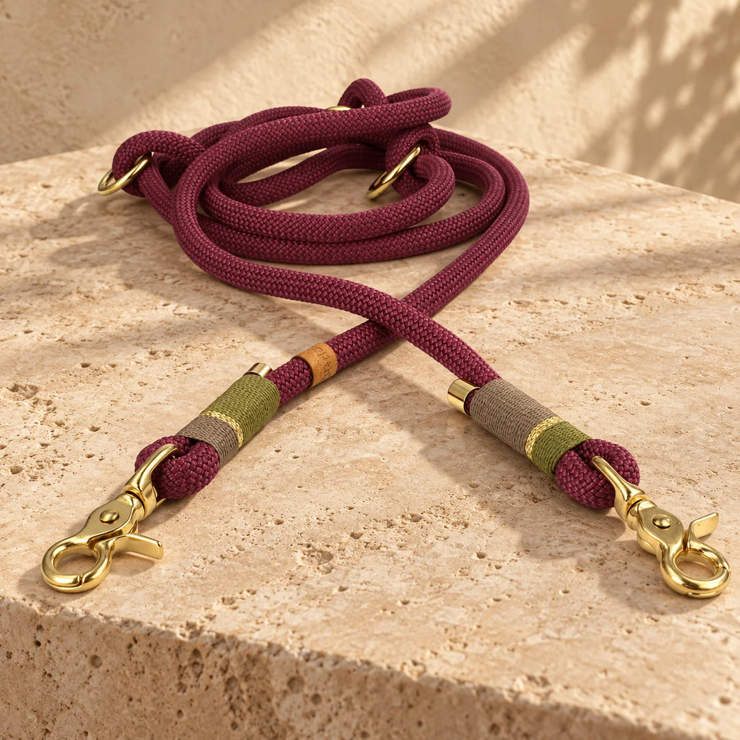 Tauhalsband 'Weinberglicht' in Beerenrot mit Wicklung in Oliv und Taupe, Karabiner in Messing Gold – Gesamtansicht, Exceptional