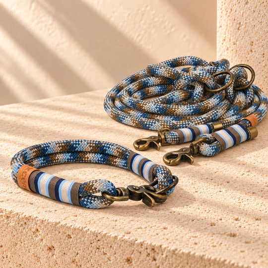 Set 'Porto Antico' – Tauhalsband und Tauleine in Blau, Hellblau und Taupe mit Messing antik, Exceptional