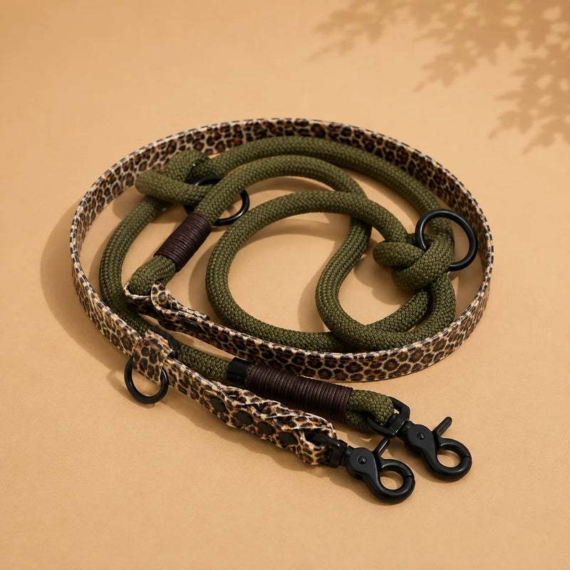 Hundeleine 'Olive Wildcat' aus Tau und BioThane mit Leo-Print – exklusive Stadtleine von Exceptional