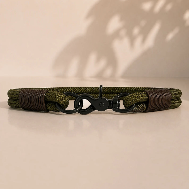 Tauhalsband 'Olive Wildcat' aus Premium-Kletterseil – Frontansicht in Beige-Oliv, Exceptional