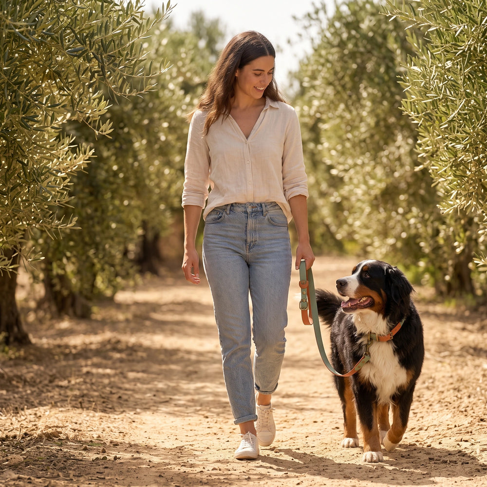 Berner Sennenhund an BioThane Hundeleine und Halsband Heritage Green im Olivenhain – Exceptional