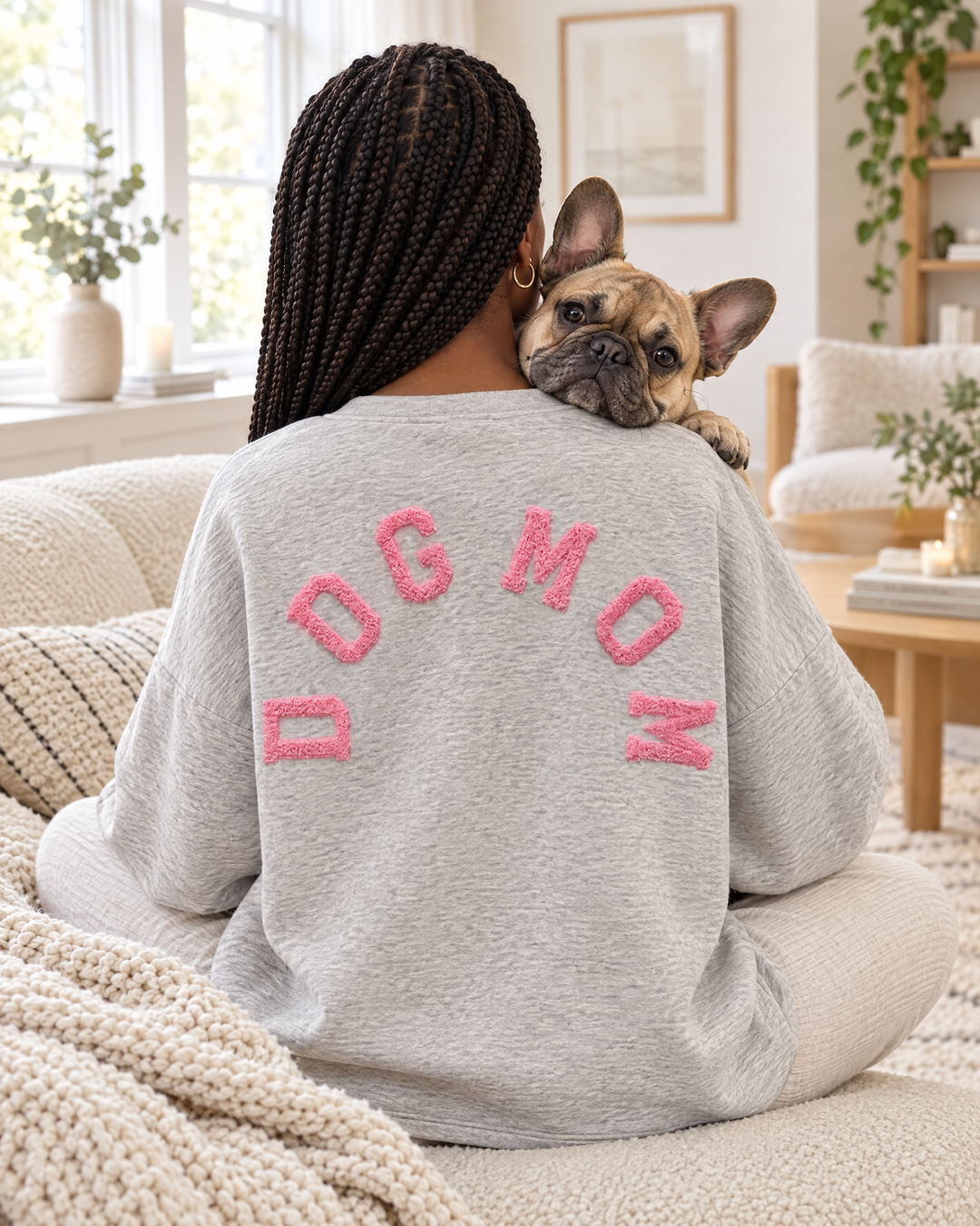 Frau im Dog Mom Sweatshirt in Hellgrau mit rosa Schrift und Französischer Bulldogge auf dem Sofa (KI-Bild)