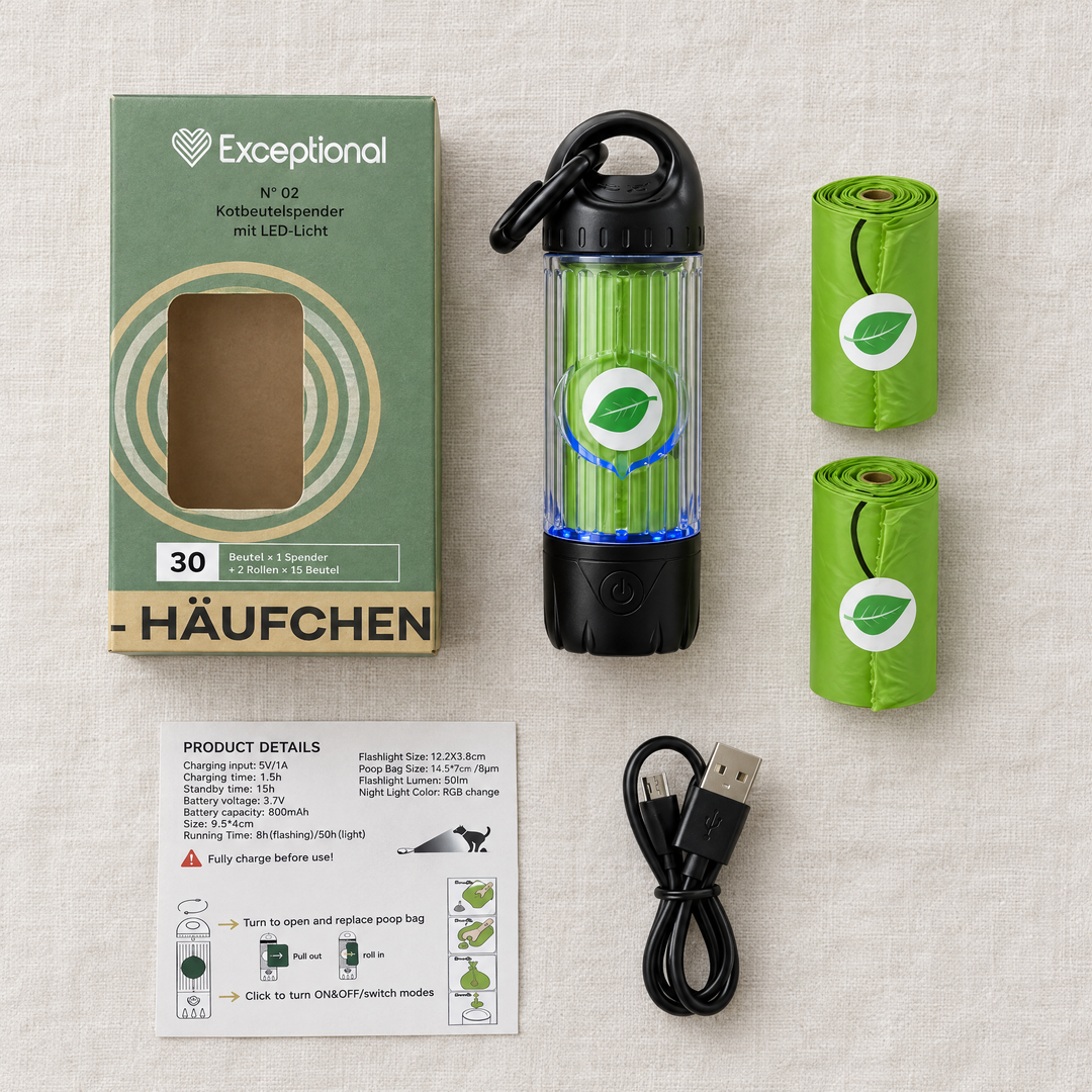 Lieferumfang Häufchen-Held: Box, Kotbeutelspender mit Licht, Beutelrollen, USB-Ladekabel und Anleitung