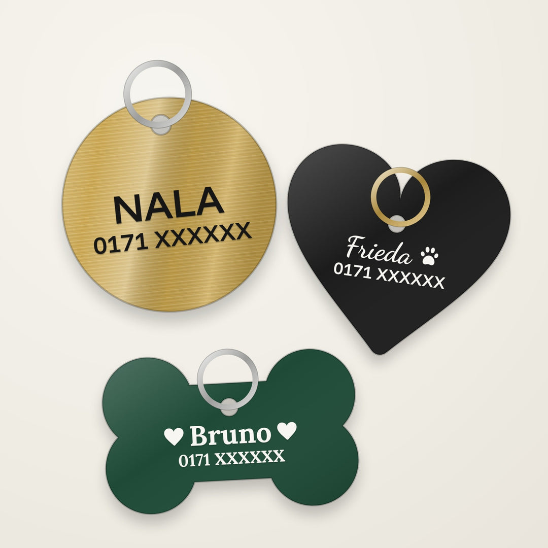 Personalisierte Hundemarken aus Acryl in Rund, Herz und Knochen mit graviertem Namen und Telefonnummer