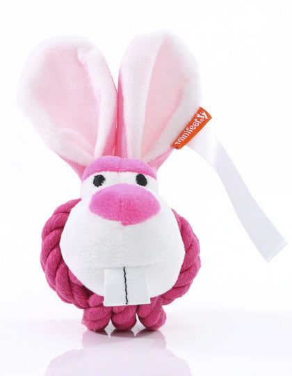 Hundespielzeug Knotentier Hase von MiniFeet – pink-weißer Plüschhase mit Seilknoten, Vorderansicht