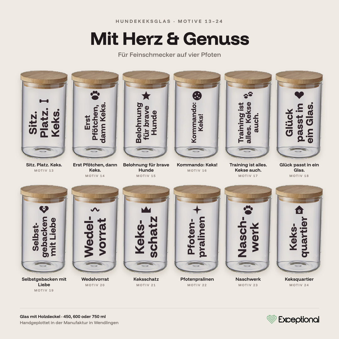 Hundekeksglas mit Spruch – Übersicht Motive Mit Herz & Genuss
