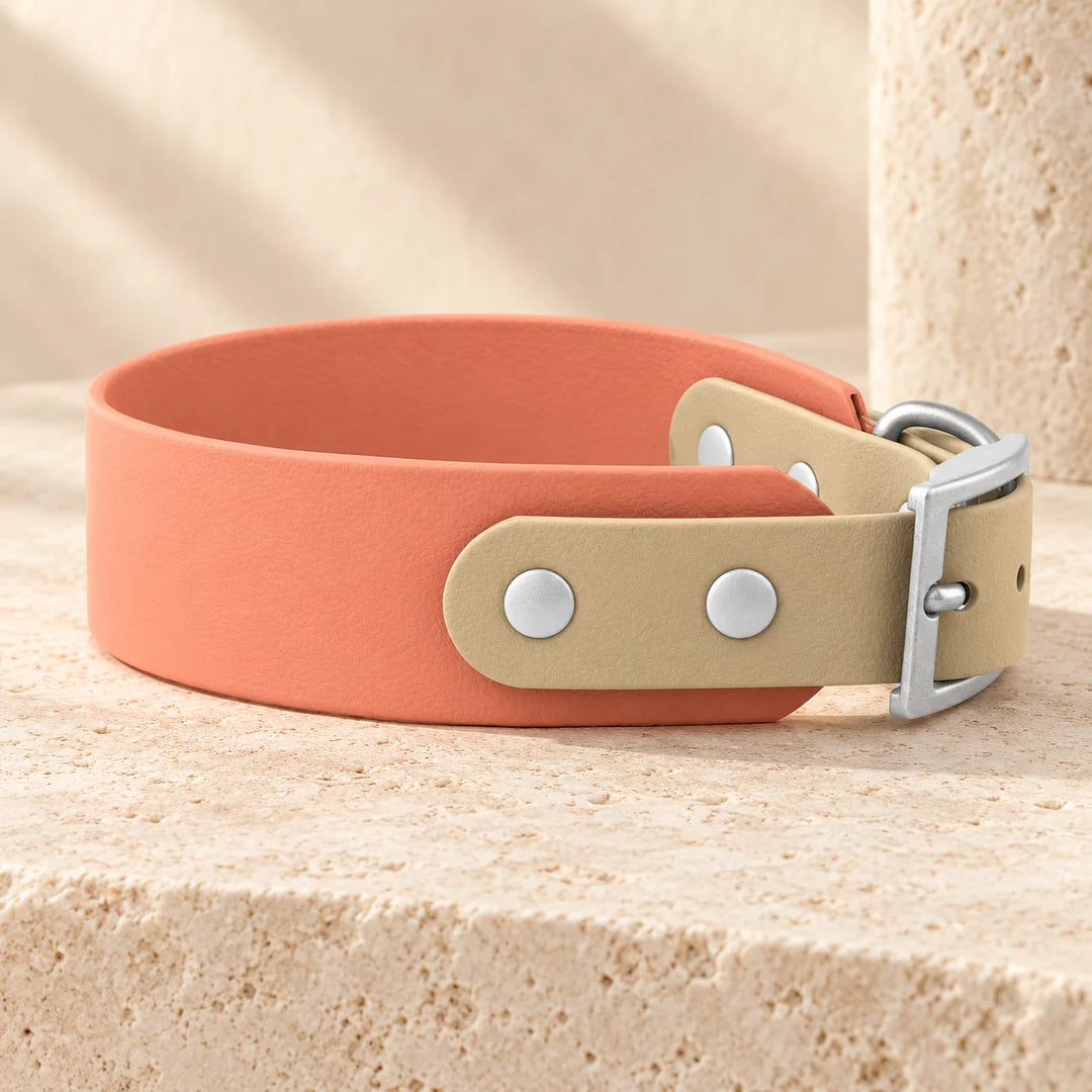 BioThane Halsband Moonstone Peach in Peach und Beige, Seitenansicht mit Nieten und Schnalle in Silber - Exceptional