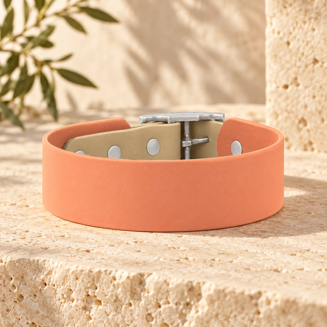 BioThane Halsband Moonstone Peach in Peach auf Naturstein, Rückansicht mit Schnalle in Silber - Exceptional