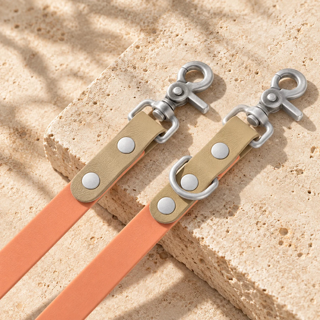BioThane Hundeleine Moonstone Peach mit zwei Karabinern in Silber und Laschen in Beige - Exceptional