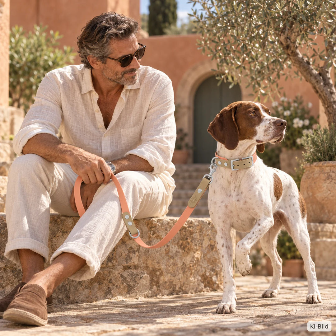 English Pointer mit BioThane Halsband und Hundeleine Moonstone Peach in Peach und Beige - Exceptional