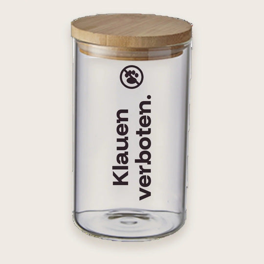 Hundekeksglas mit Holzdeckel und Spruch „Klauen verboten.“ – handgeplottet bei Exceptional