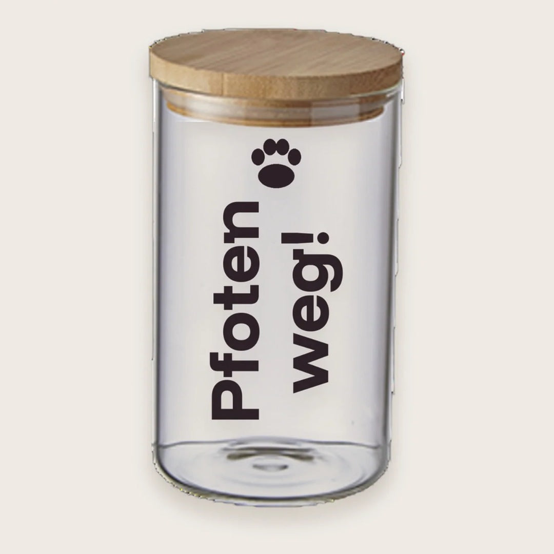 Hundekeksglas mit Holzdeckel und Spruch „Pfoten weg!“ – handgeplottet bei Exceptional
