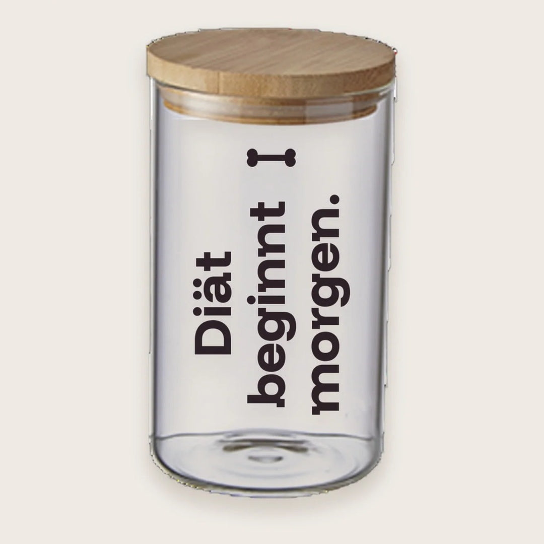 Hundekeksglas mit Holzdeckel und Spruch „Diät beginnt morgen.“ – handgeplottet bei Exceptional
