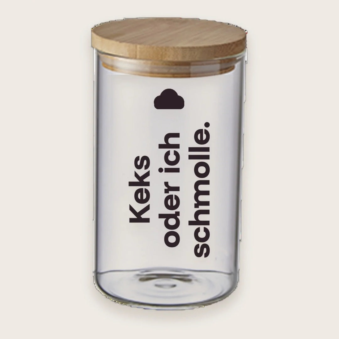 Hundekeksglas mit Holzdeckel und Spruch „Keks oder ich schmolle.“ – handgeplottet bei Exceptional
