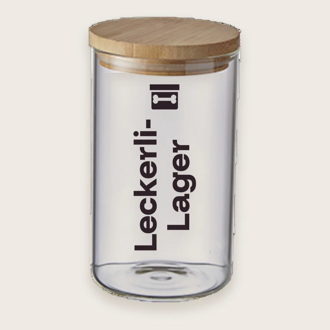 Hundekeksglas mit Holzdeckel und Spruch „Leckerli-Lager“ – handgeplottet bei Exceptional