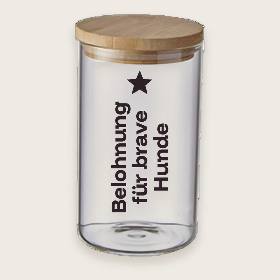 Hundekeksglas mit Holzdeckel und Spruch „Belohnung für brave Hunde“ – handgeplottet bei Exceptional