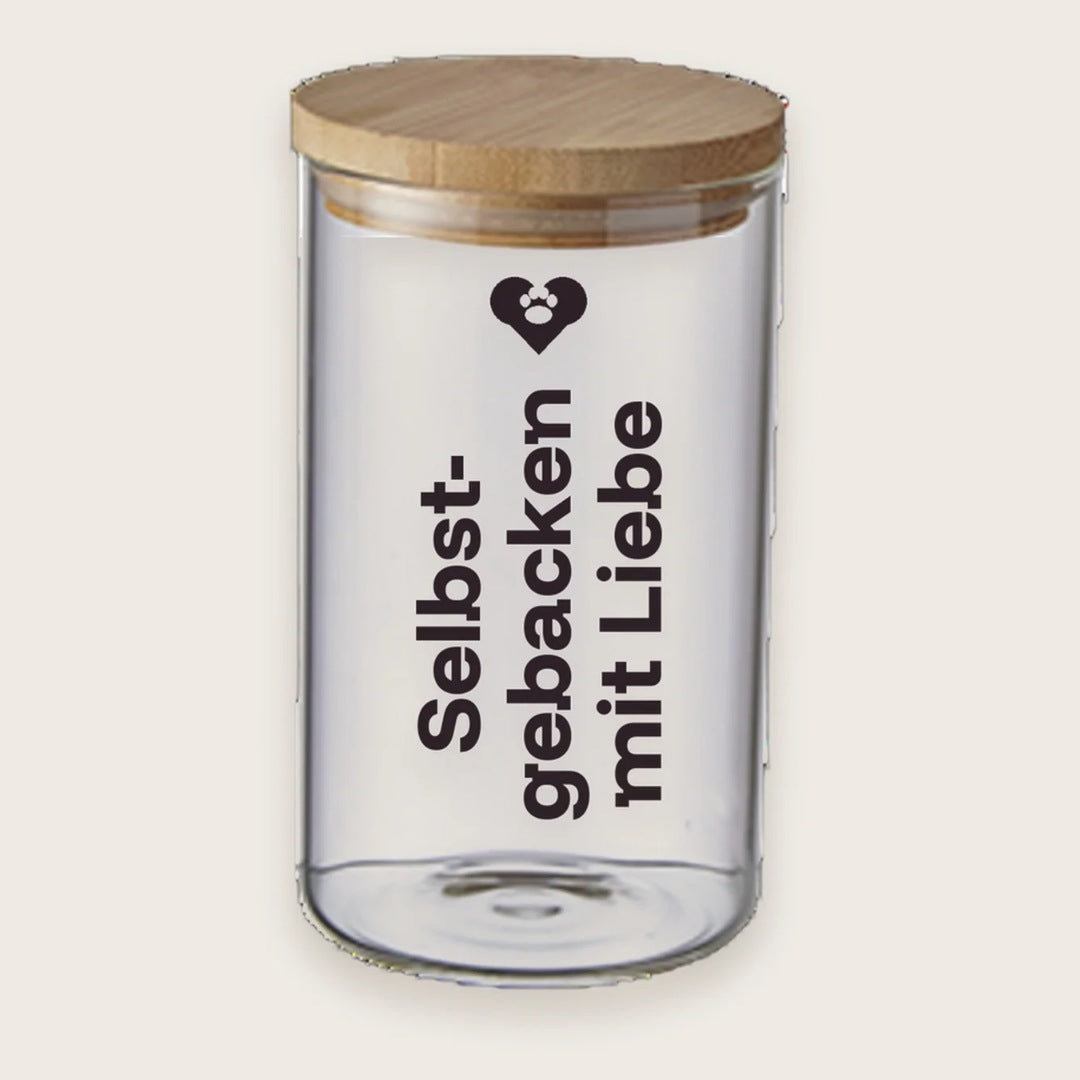 Hundekeksglas mit Holzdeckel und Spruch „Selbstgebacken mit Liebe“ – handgeplottet bei Exceptional