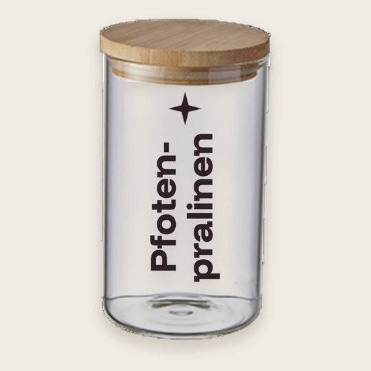 Hundekeksglas mit Holzdeckel und Spruch „Pfotenpralinen“ – handgeplottet bei Exceptional