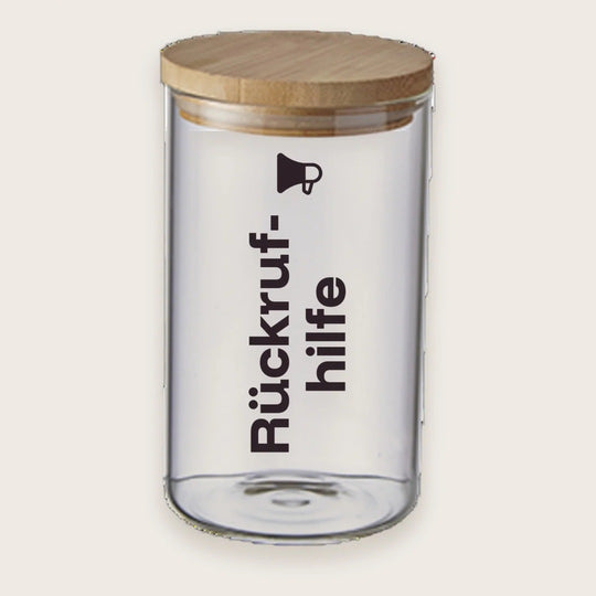 Hundekeksglas mit Holzdeckel und Spruch „Rückrufhilfe“ – handgeplottet bei Exceptional
